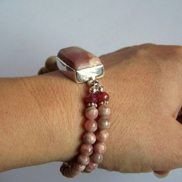 OAK RHODOCHROSITE RUBY JASPER RHODONITE 925 Sterling silver Bracelet Asymmetric - Picture 2 of 10